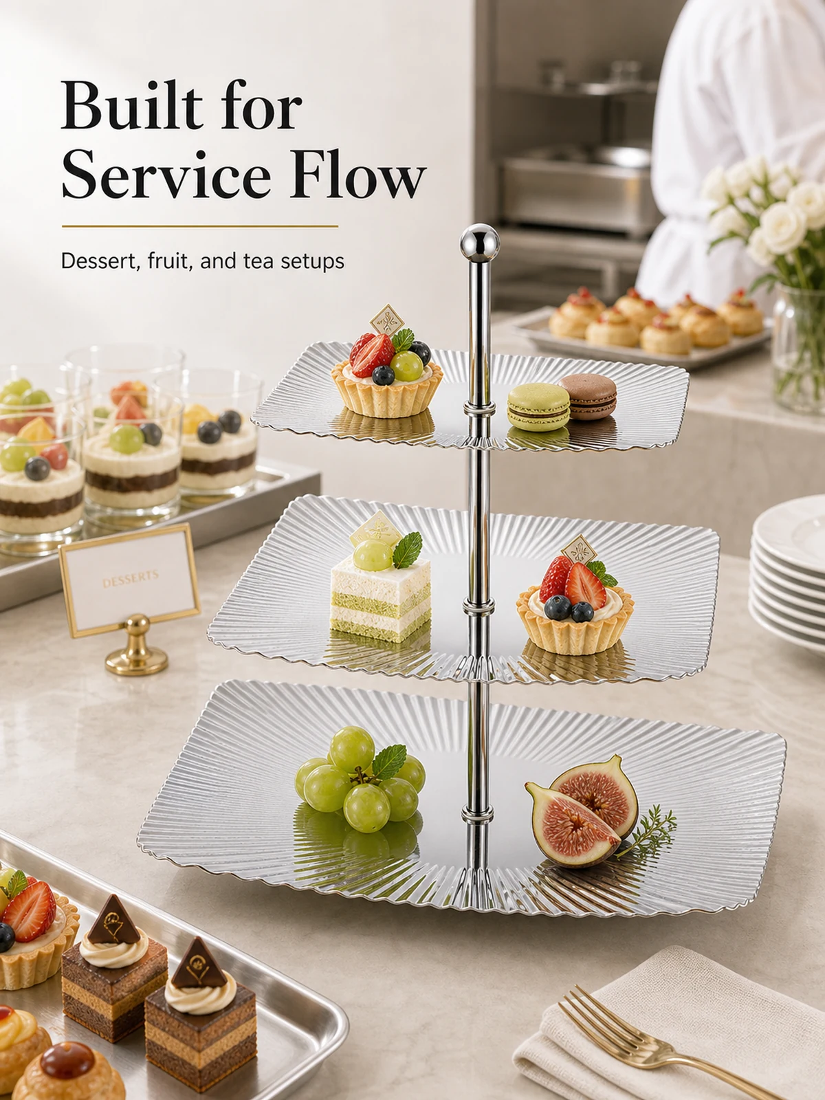 Commercial service workflow with three-tier dessert stand
